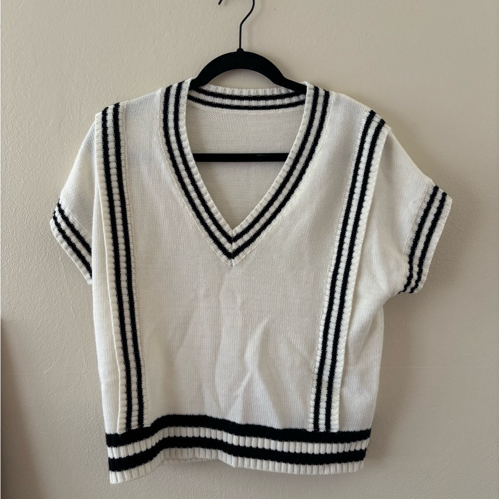 White V-Neck Striped Knit Top